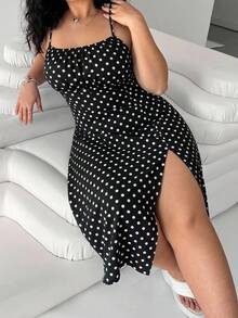 Solflare Vestido de tirantes con estampado de lunares y bajo con abertura para mujer talla grande, primavera/verano - Multicolor - Ver 1