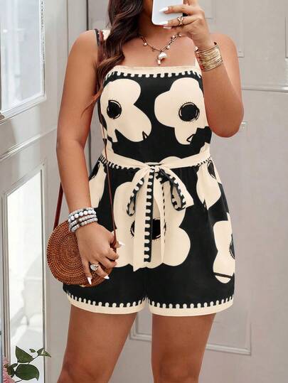 Weeklong جمبسوت كاجوال بدون أكمام مع تعريف الخصر وطباعة زهرية مناسبة للمرأة ذات الحجم الكبير للربيع/الصيف والعطلات