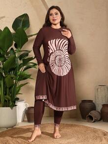 Swim Mulvari Women's Plus Size Casual Multicolor Graphic Knitted Long Sleeve High Neck Burkinis - Multicolor - View 1