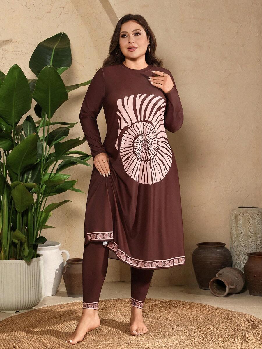 Swim Mulvari Women's Plus Size Casual Multicolor Graphic Knitted Long Sleeve High Neck Burkinis - Multicolor - View 1