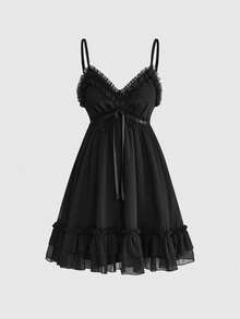 ROMWE Đầm mini dáng chữ A cổ điển với dây đeo mảnh, phối ren tương phản kiểu Gothic, mặt dây chuyền hình thánh giá và viền bèo nhún. - màu đen - Xem 1