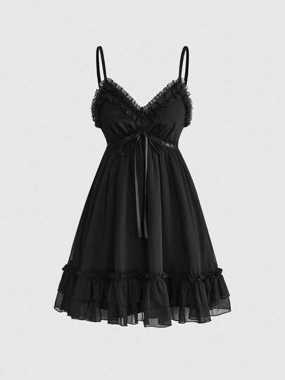 ROMWE Goth Sukienka mini w stylu vintage na ramiączkach spaghetti w stylu gotyckim, z koronkowym wykończeniem i krzyżykiem, falbanką na dole i linią A