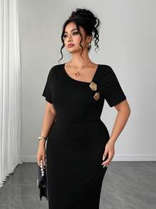 Elenzga Đầm ôm sát tay ngắn xẻ tà, cổ bất đối xứng, thời trang, thanh lịch dành cho nữ - màu đen - Xem 4