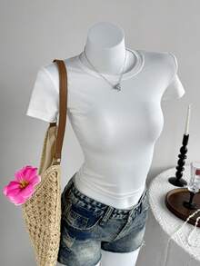 DAZY Áo thun nữ tay ngắn cổ tròn ôm sát in chữ phong cách đường phố thường ngày, thích hợp mặc mùa hè. - trắng - Xem 4