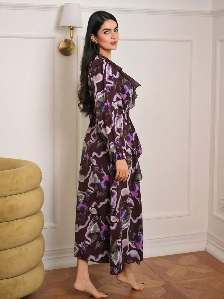 Floral Print Ruffle Trim Long Robe For Women