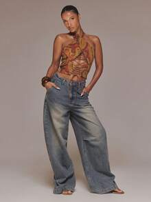 MUSERA Top de mezclilla con recorte envolvente, estampado abstracto y ribete de ojales, para primavera y verano, sexy, para citas, club, festival, salida nocturna, vacaciones - Multicolor - Ver 3