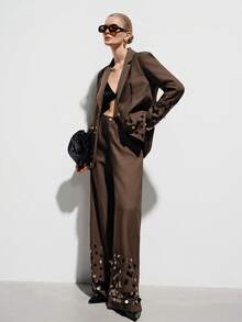Aveloria Modichic Mocha Brown Suit Set For Women,Brown Polka Dot,Summer,Elegant,Party Night,Wide-Shoulder Blazer Jacket & Straight-Leg Pants,Handcrafted Metal Sequin - Brown - View 6