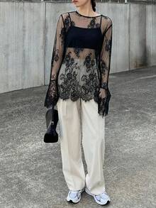 FRIFUL Women's Solid Color Layered Sheer Lace Flare Sleeve Loose Casual Versatile Spring Top Going Out Tops Long Sleeve Tops - Black - View 4