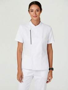 TaskEZ Women's Short Sleeve Surplice Neck Hidden Button Front Work Blouse - White - View 3
