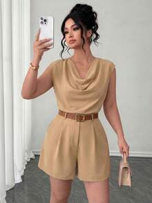 Elenzga Women's Plus Size Elegant 2 Piece Set,Sleeveless Blazer&Classy Shorts,Tie Dye,Summer,Casual,Everyday Luxury Suit,Versatile Waistcoat&Asymmetrical Top - Khaki - View 5