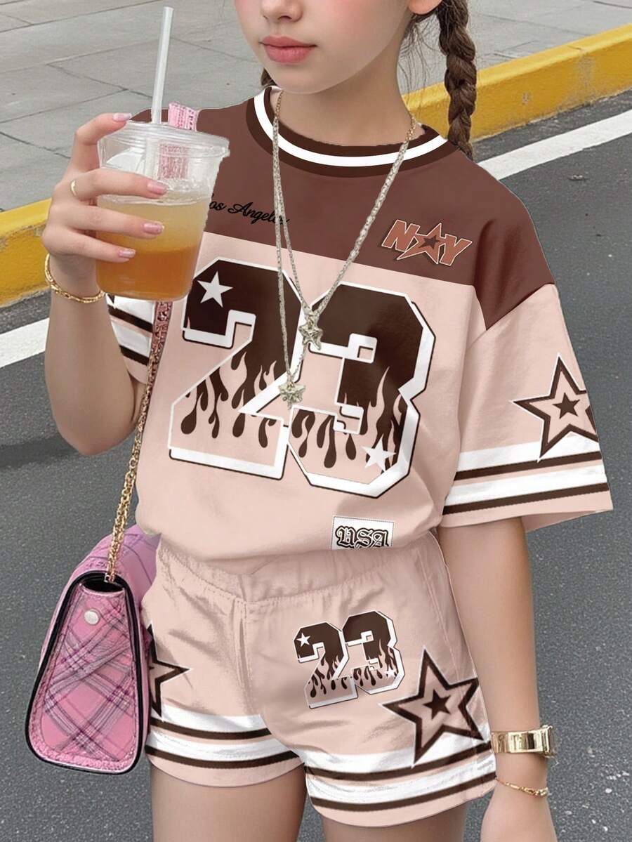 2件套少女休闲宽松圆领短袖T恤和短裤,赛车服套装,美国洛杉矶23号图案,适合春夏穿着 - 彩色 - 查看 1
