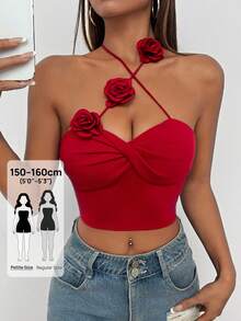 SHEIN PETITE Áo khoác nữ 3D màu trơn trang trí dây buộc chéo cổ Crop Cami Top - Đỏ - Xem 8