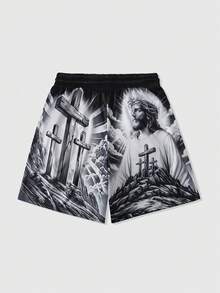 ROMWE MEN Street Life 男士夏季时尚街头耶稣十字架印花抽绳腰宽松短裤 - 黑與白 - 查看 2