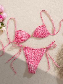 Swim Mod Spring/Summer Floral Print Front-Tie Bikini Two Pieces Set, Casual Beach Vacation - Multicolor - View 5