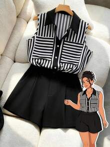 GlowEve CURVE Ensemble 2 pièces élégant et pour femmes grandes tailles, chemisier sans manches à rayures contrastées + shorts minimalistes unicolore - Noir et Blanc - Voir 5
