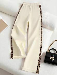 Franclia 女士杏色豹纹休闲宽松拼接阔腿裤 - 杏色 - 查看 2