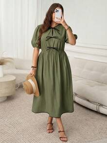 SHEIN LUNE Plus Size Women's Fashion Casual Bow Tie Short Sleeve Dress Casual Dresses For Woman Spring Outfits For Women Dresses Puff Dress For Women Resort Wear Women Vacation Dress French Style Dress Women Casual Dresses Es Women's Summer Outfits Women Vacation Outfit Mother's Day Women's Summer Dresses - Green - View 2