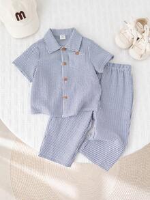 SHEIN Bộ đồ hè cho bé trai gồm áo sơ mi và quần kẻ sọc, trang phục kẻ sọc, bộ đồ hè cho bé trai. - Nhiều màu - Xem 1