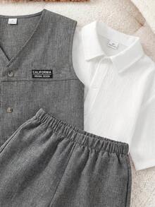 SHEIN Conjunto de 3 piezas para niños/niñas: chaleco sin mangas con bolsillo lateral, camiseta de manga corta a rayas y pantalones cortos, estilo coreano casual, adecuado para el primer día de escuela, ropa escolar, sudadera cuello redondo, ropa para niños en edad escolar, conjuntos para niños, ropa para niños pequeños, conjunto de vuelta al colegio para niños, adecuado para uso diario, escuela, salidas, deportes, primavera/verano - Multicolor - Ver 5