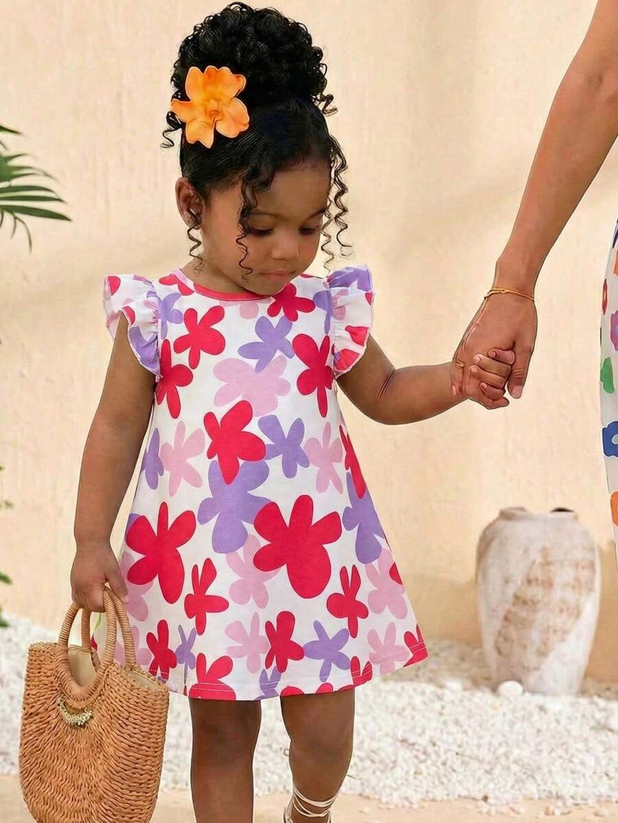 SHEIN Baby Girl Cute Casual Knitted Elastic Colorful Pattern Flutter Sleeve Dress,Summer Toddler Floral Print - Multicolor - View 1