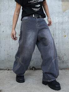 Manfinity Hypemode Men's Solid Color Minimalist Denim Curved Leg Pants - Light Grey - View 5
