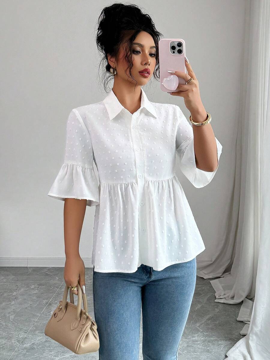 SHEIN PETITE 女士休闲衬衫，适合外出、夏季穿着，白色纽扣衬衫，适合办公室通勤穿着。 - 白色 - 查看 1