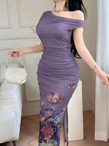 Feyla Robe de soirée longue élégante pour femmes avec imprimé floral, froncée à l'épaule asymétrique et à la taille cintrée - Prune - Voir 4