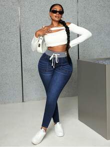 SHEIN CURVE+ Quần jean bó cạp chun có túi rút size lớn cho nữ thường ngày - màu đen - Xem 3