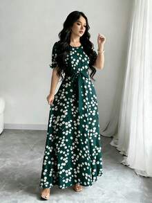 Modelyn Vestido de mujer con diseño de manga corta abullonada, cuello redondo y estampado de cerezas, con cintura ceñida, para primavera/verano - Multicolor - Ver 5