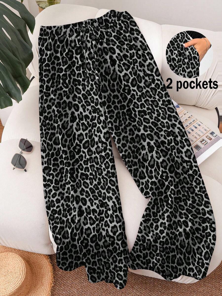 CosyJoli Pantalones sueltos y casuales de talla grande con estampado de leopardo - Gris Oscuro - Ver 1