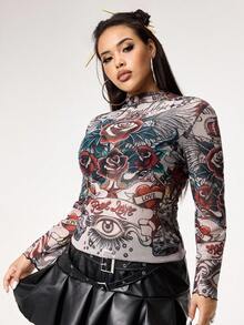ROMWE Avant Spring/Summer Plus Size Retro Heart Rose Skull Flame Floral Print Mesh Tank Top - Multicolor - View 1