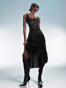Aveloria GENKIRA Black Lace Patchwork Ruched Hem Versatile Drawstring Asymmetrical Hem Sleeveless Dress, Casual Mix-And-Match Sexy Sheer Midi Dress - Black - View 1