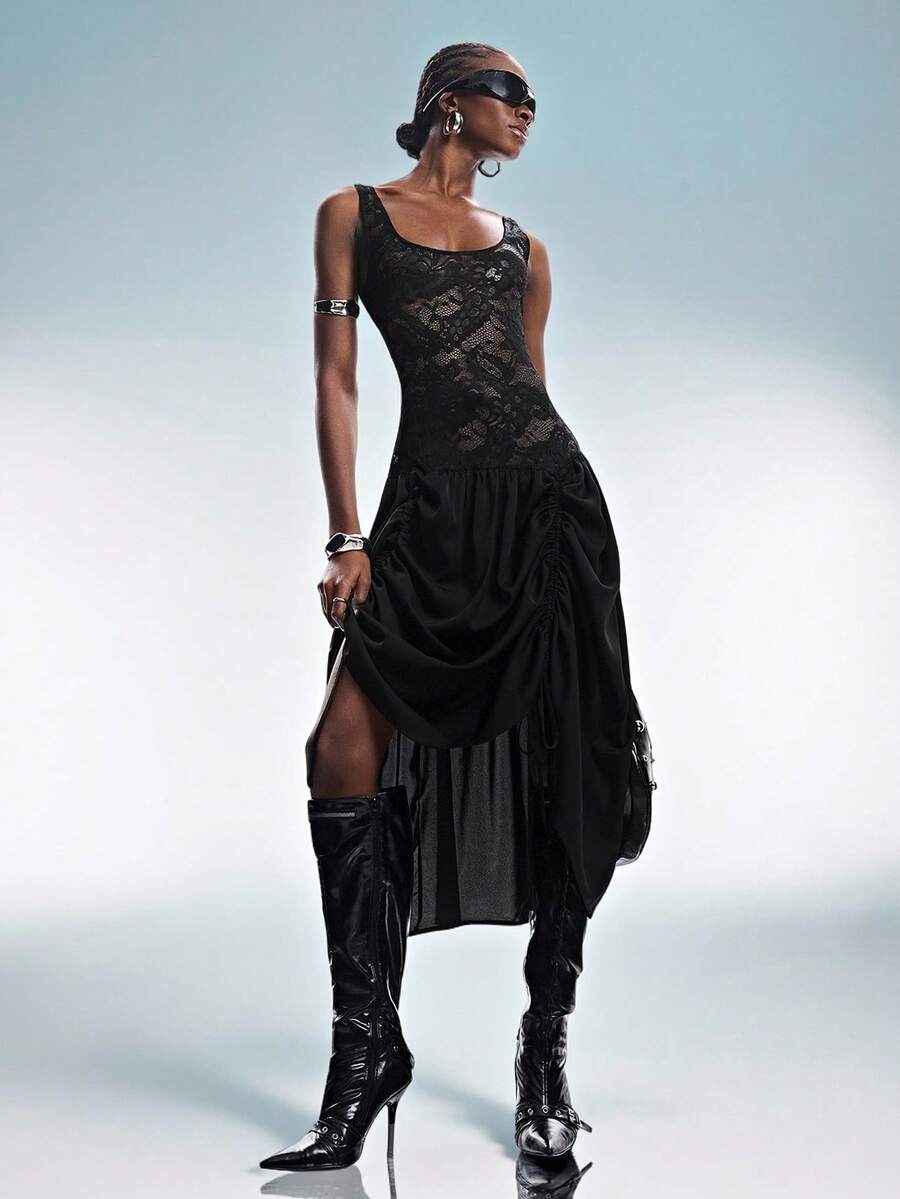 Aveloria GENKIRA Black Lace Patchwork Ruched Hem Versatile Drawstring Asymmetrical Hem Sleeveless Dress, Casual Mix-And-Match Sexy Sheer Midi Dress - Black - View 1