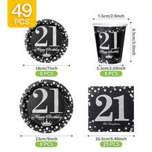 黑色背景21岁生日星空主题一次性餐盘、餐巾纸和杯子套装，可供8位客人使用。这款一次性派对用品套装（包括餐盘、餐巾纸和杯子）非常适合生日派对、婚礼和家庭野餐。 - 查看 8