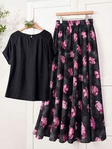 Rusticease Women's Summer Casual Solid Color Top And Floral Print Skirt 2-Piece Set Women Casual Outfits Women Spring Outfit Long Skirt And Top Women Summer Outfits Long Skirt Sets Skirt And Top Sets For Women Women's Summer Outfits Women Outfits Sets - Black - View 2