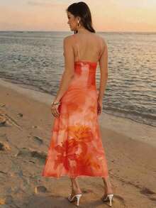 SHEIN 孕妇夏季海滩度假印花无袖连衣裙 - 橘色 - 查看 2