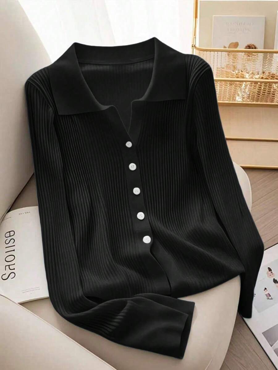 SHEIN Franclia 新款春秋季修身短款法式时尚Polo领针织开衫 - 黑色 - 查看 1