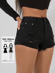 SHEIN PETITE Shorts mezclilla desgarro bajo crudo - Negro - Ver 1