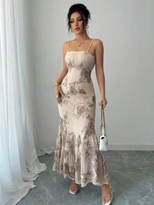 Rafferiza 女士优雅吊带提花针织修身鱼尾连衣裙 - 卡其色 - 查看 3