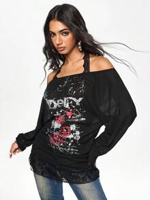 ROMWE Grunge Punk Áo ren cổ yếm trễ vai họa tiết đầu lâu phong cách punk lãng mạn dành cho nữ - màu đen - Xem 4