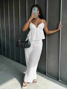Slaydiva Summer Fashion Basics, Versatile, Casual And Elegant, Suitable For Vacations, Travel, Beaches, Seaside, Pools, Yachts, Sunbathing, Cute And Sweet, Casual And Elegant, Low-Cut Triangle Cup Ruffled Bow Camisole And Wide-Leg Trousers, White Pleated Women's Suit - A - White - View 4