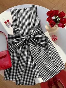 Vestido mini de mujer con decoración de lazo a cuadros - Blanco y Negro - Ver 2