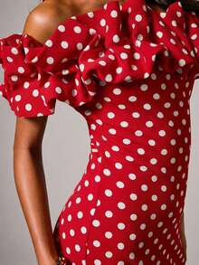COSMINA 女士优雅波点露肩迷你连衣裙，适合约会和各种场合，四季皆宜 - 紅色 - 查看 5