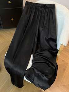 大码女式休闲纯色抽绳腰阔腿裤，春夏宽松女裤，高腰女裤，时尚女裤，宽松女裤 - 黑色 - 查看 2