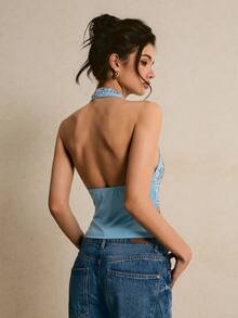 Poéselle Fashionable Sexy Beaded Fitted Halter Neck Sleeveless Top - Blue - View 4