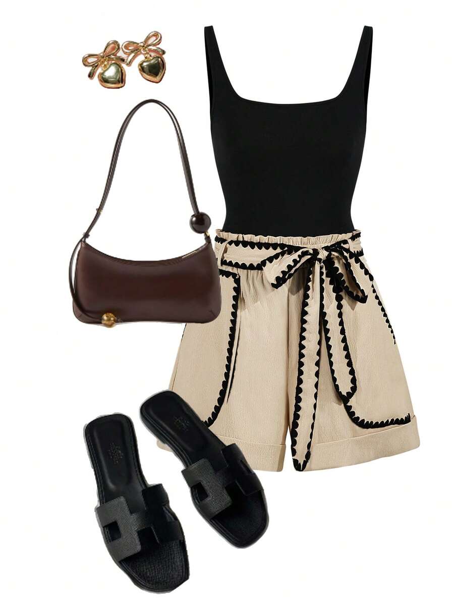 Ellevyn Black Fitted Tank Top And Contrast Trim Shorts Set, Suitable For Daily Wear Trending Outfit Pintrest Outfit Part Outfit Classic Outfit Outfit Ideas - Multicolor - View 1