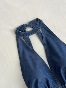 Elamini Women's Deep V-Neck Fashionable Halter Denim Jumpsuit - Blue - View 3