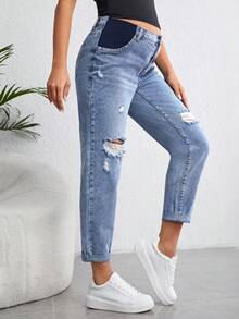 SHEIN Jeans de maternidad de tiro alto rasgados, jeans de mamá - Azul lavado medio - Ver 4