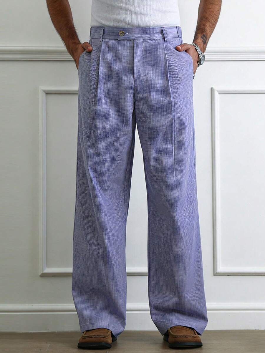 Manfinity Homme Men's Fine Plaid, Vintage Retro Micro-Curved Hem Casual Design Pleated Drape Long Straight Fit Pants - Blue - View 1