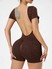 Dewbera Seamless High Stretch Sports Fitness Jumpsuit, Sexy Backless Leopard Print Design - Coffee Brown - View 1
